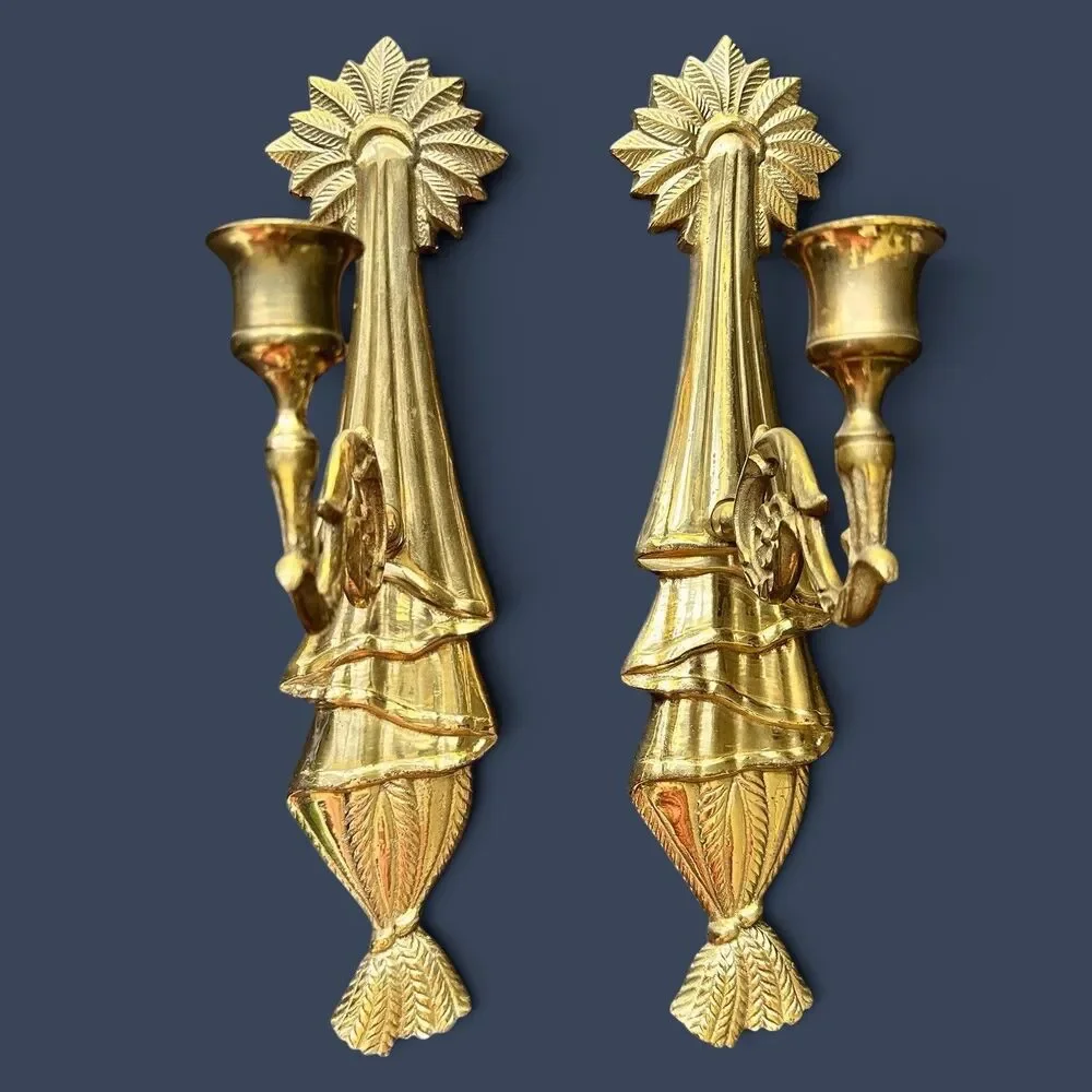 Vintage-2 x Brass Wall Sconces 12” Candle Ornate Holders Swivel Arm Made India